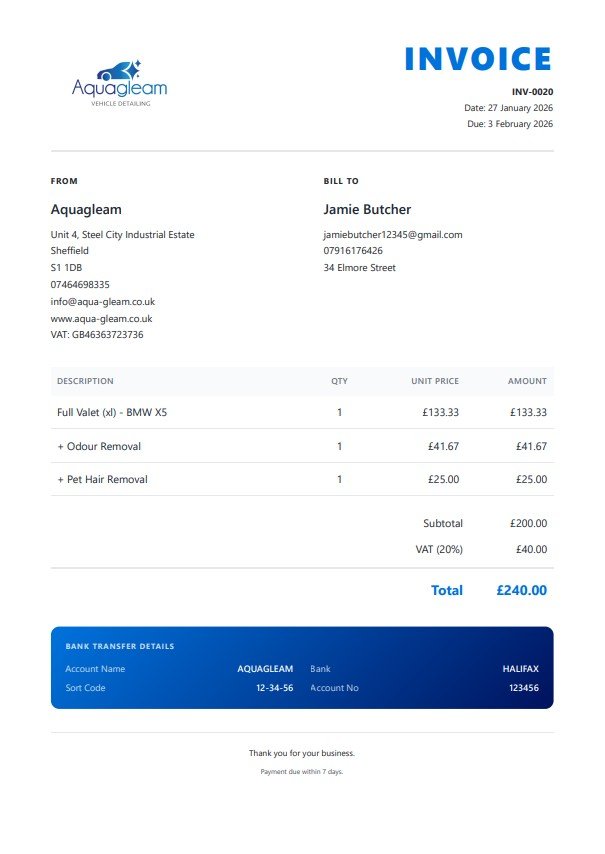 DetailBook branded invoice with custom logo