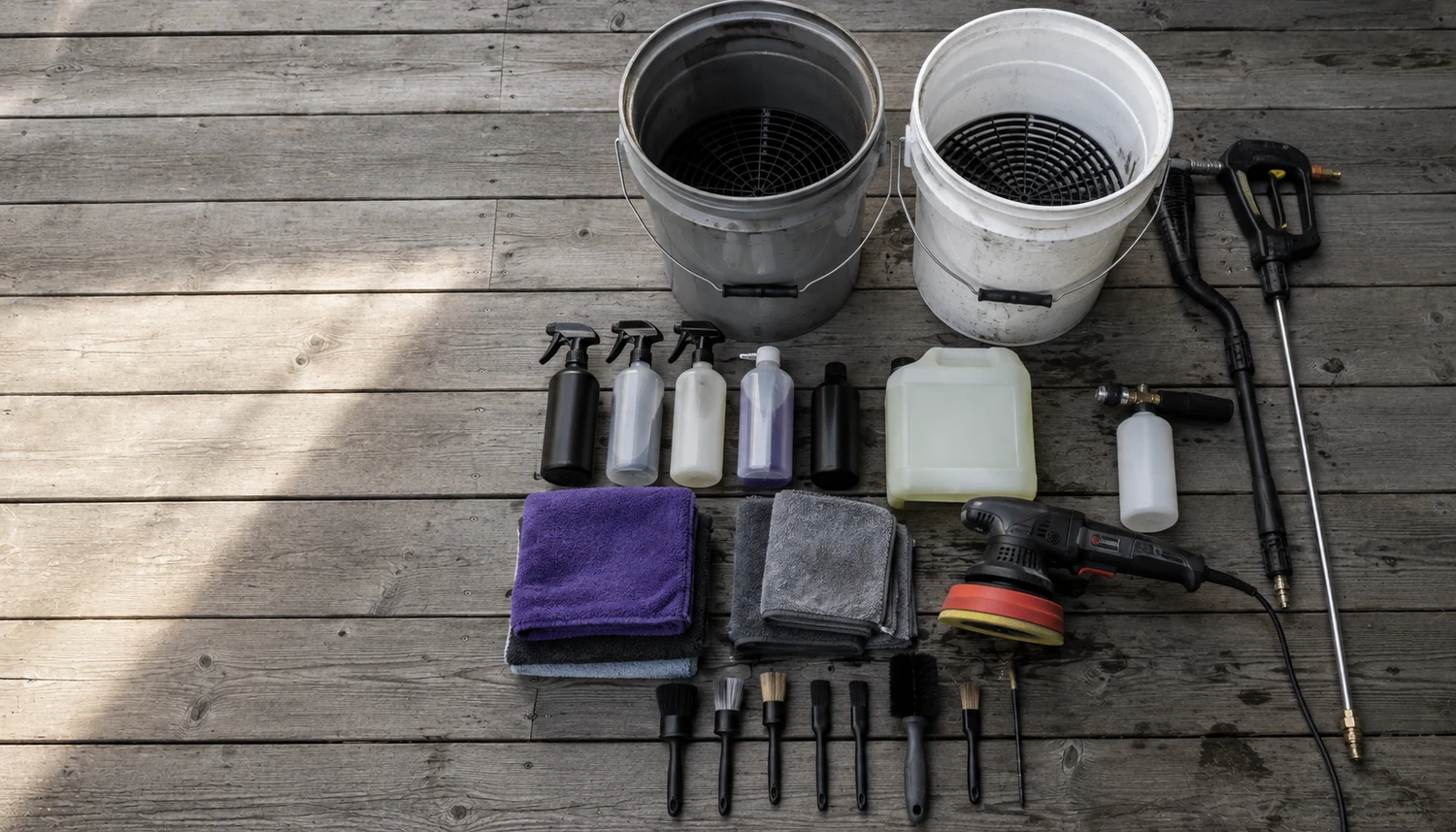 Mobile car detailing starter kit laid out on weathered timber: two wash buckets with grit guards, pressure washer lance and snow foam bottle, spray bottles, microfibre cloths, detailing brushes and a dual-action polisher