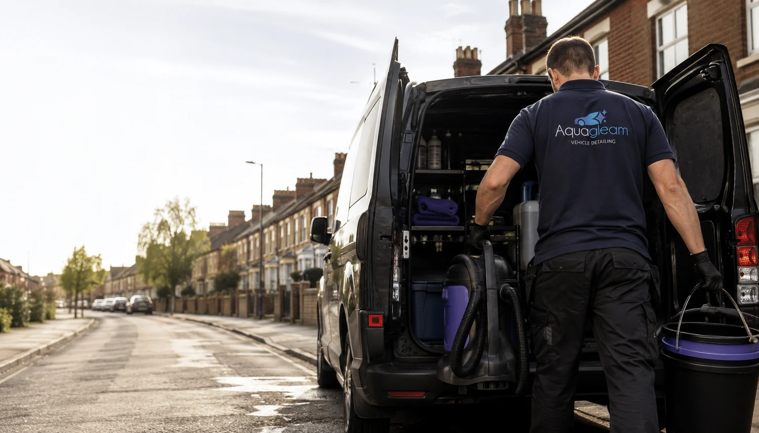 A mobile car detailer loading a wet-and-dry vacuum into the back of a fully racked van on a British terraced street, buckets and detailing kit stowed inside