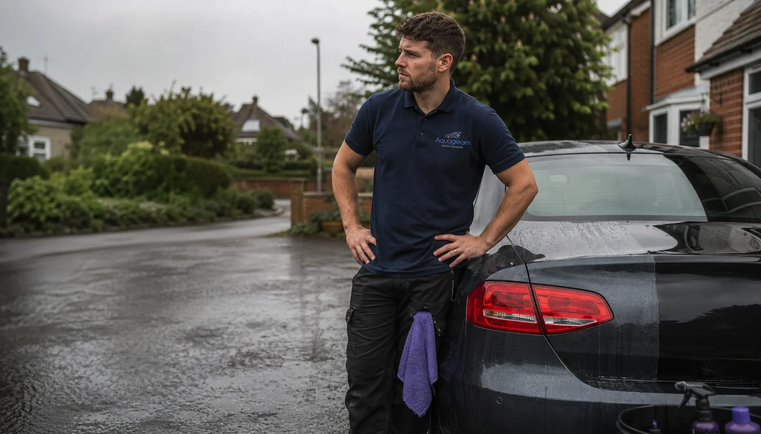 A UK mobile detailer in a branded polo shirt leaning against a half-polished black car on a wet suburban street, drying towel in hand, looking out at the road