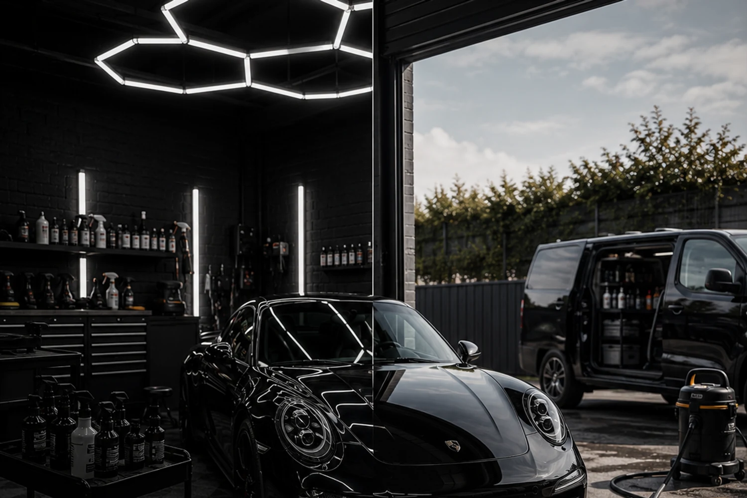 A split image contrasting the two ways of detailing: a black car under hexagonal studio lights in a fixed unit on the left, and the same car outside beside a fully stocked mobile detailing van on the right