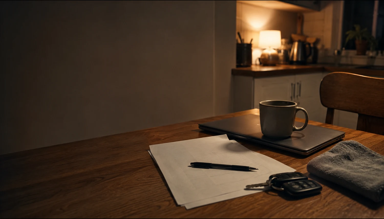 A kitchen table at night with a closed laptop, a mug going cold, blank paperwork with a pen resting on it, van keys and a folded microfibre cloth, lit by a warm lamp