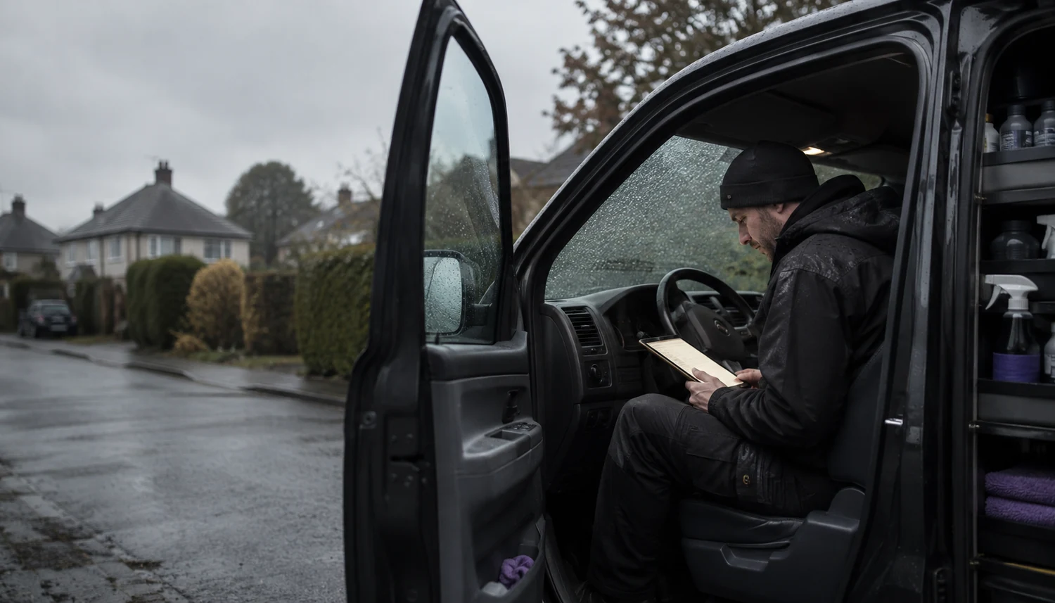 A mobile detailer sat in the driver's seat of his van with the door open, working through paperwork on a tablet resting on the steering wheel, rain on the windscreen and a grey British street behind
