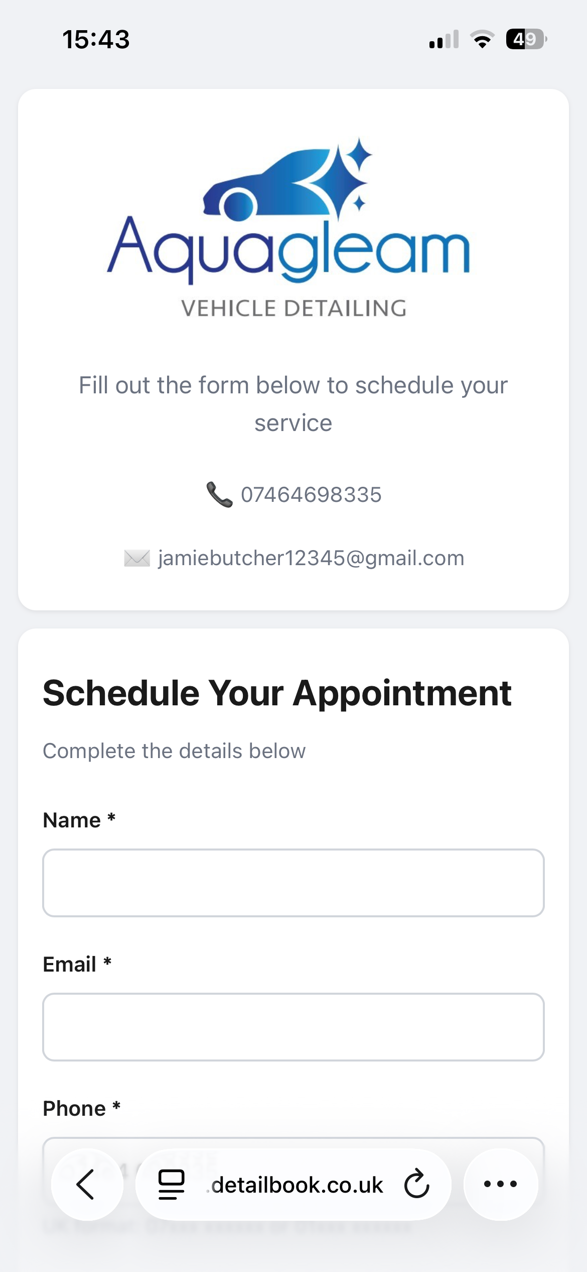 DetailBook branded booking page on mobile