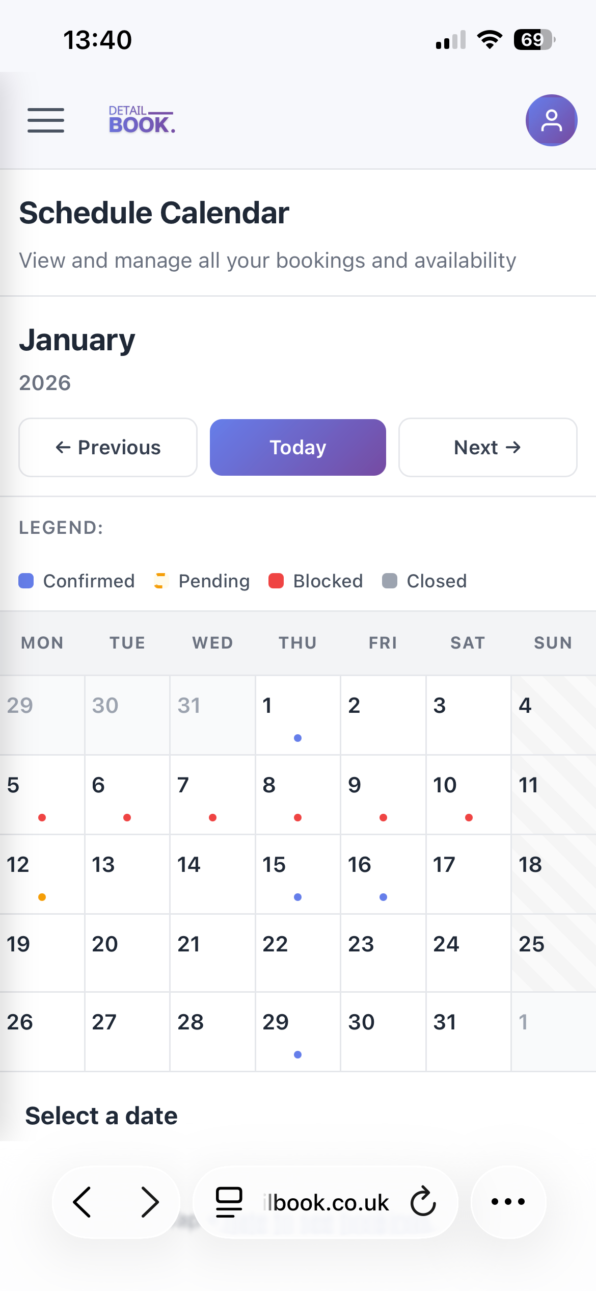 DetailBook calendar and scheduling view on mobile