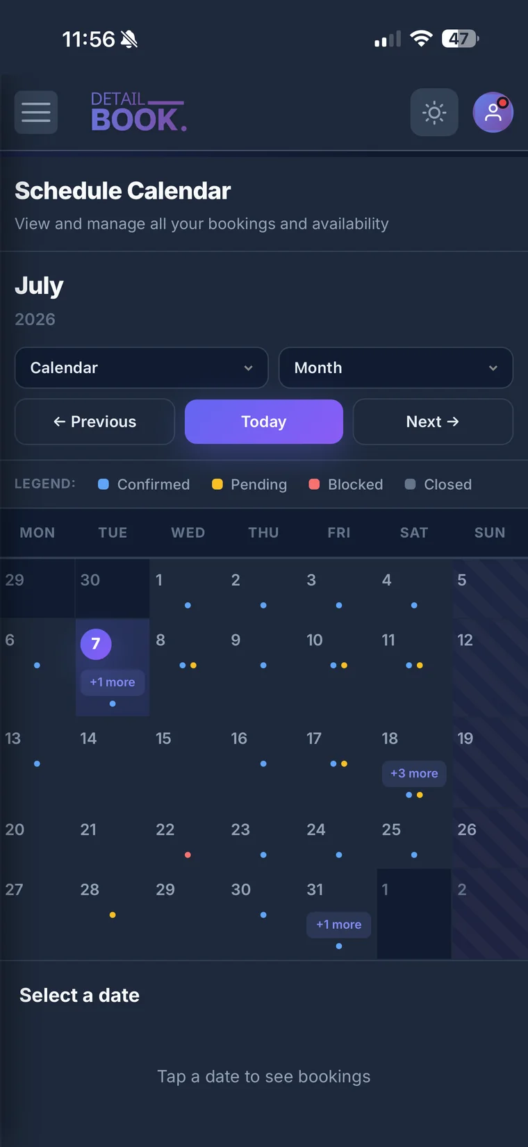 DetailBook calendar in month view