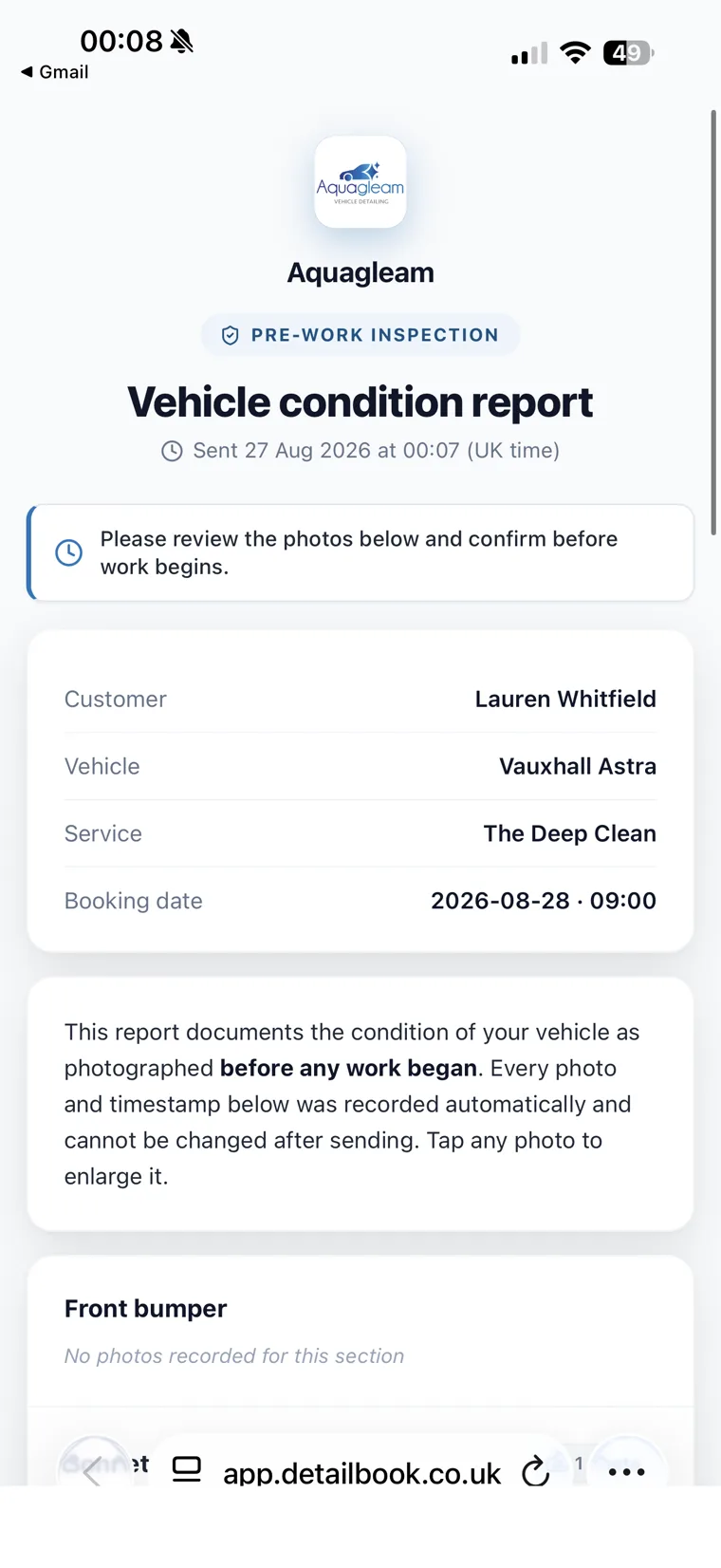 A DetailBook vehicle condition report, sent to the customer to confirm before work begins