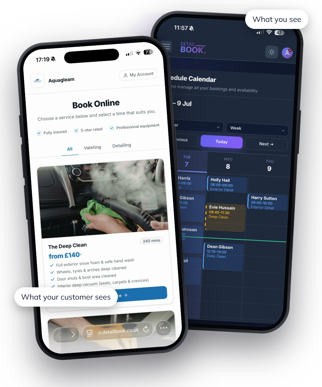 DetailBook on two phones: a detailer's booking page as the customer sees it, and the detailer's week calendar