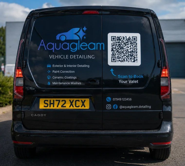 A detailer's van with a DetailBook QR code on the back doors: scan to book