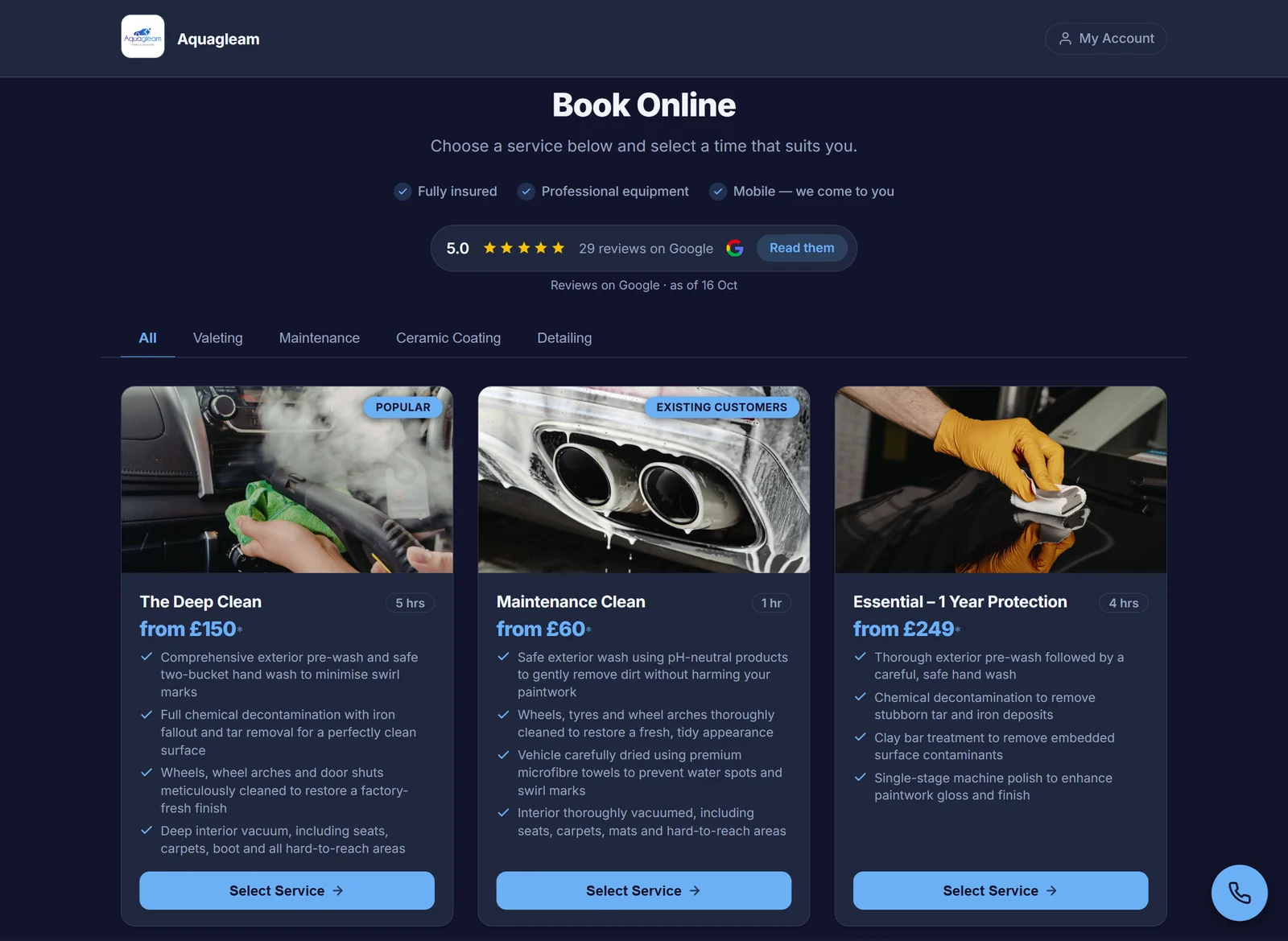 Aquagleam&rsquo;s DetailBook booking page on desktop: Book Online, its 5.0 Google rating and three services with photos, prices, what&rsquo;s included and Select Service buttons