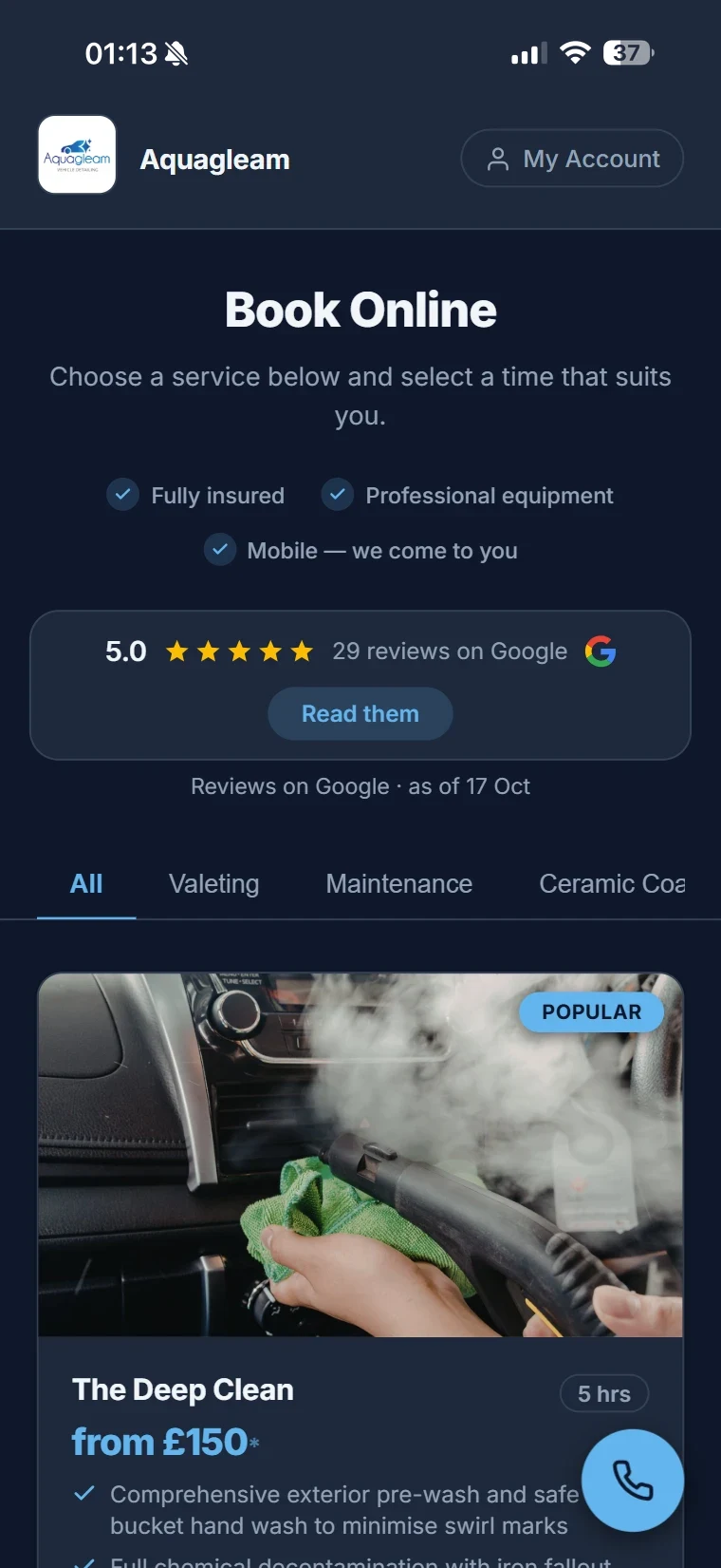 Aquagleam&rsquo;s DetailBook booking page on a phone: Book Online, its 5.0 Google rating, service categories and The Deep Clean from &pound;150