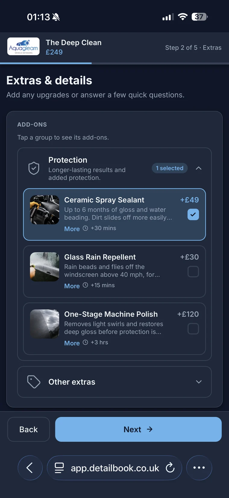 Aquagleam’s booking on a phone, step 2 of 5: protection add-ons with photos, prices and times, ceramic spray sealant selected