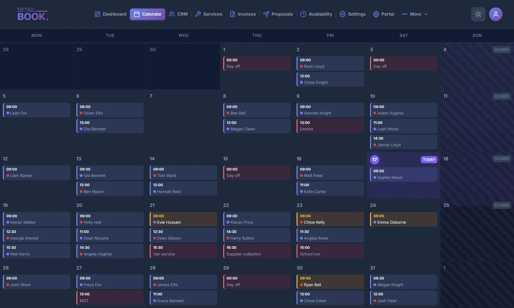 The DetailBook calendar in month view: a full month of bookings split between two team members, with pending jobs, days off and blocked time