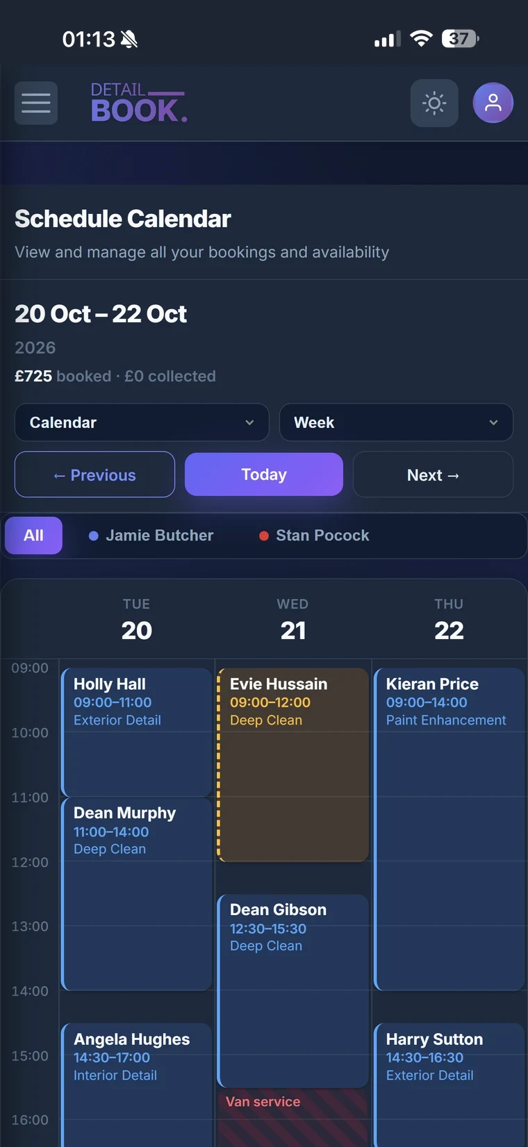 The DetailBook calendar on a phone, three days of bookings with a blocked-out van service